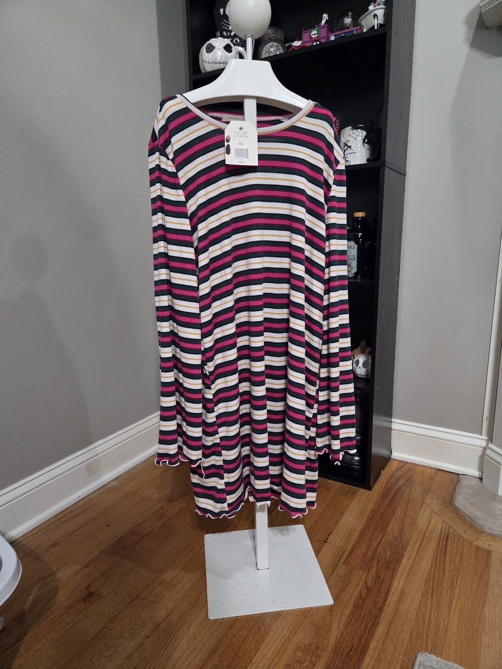 Wonderly Striped Long-Sleeve Swing Dress - Pink, Black & White